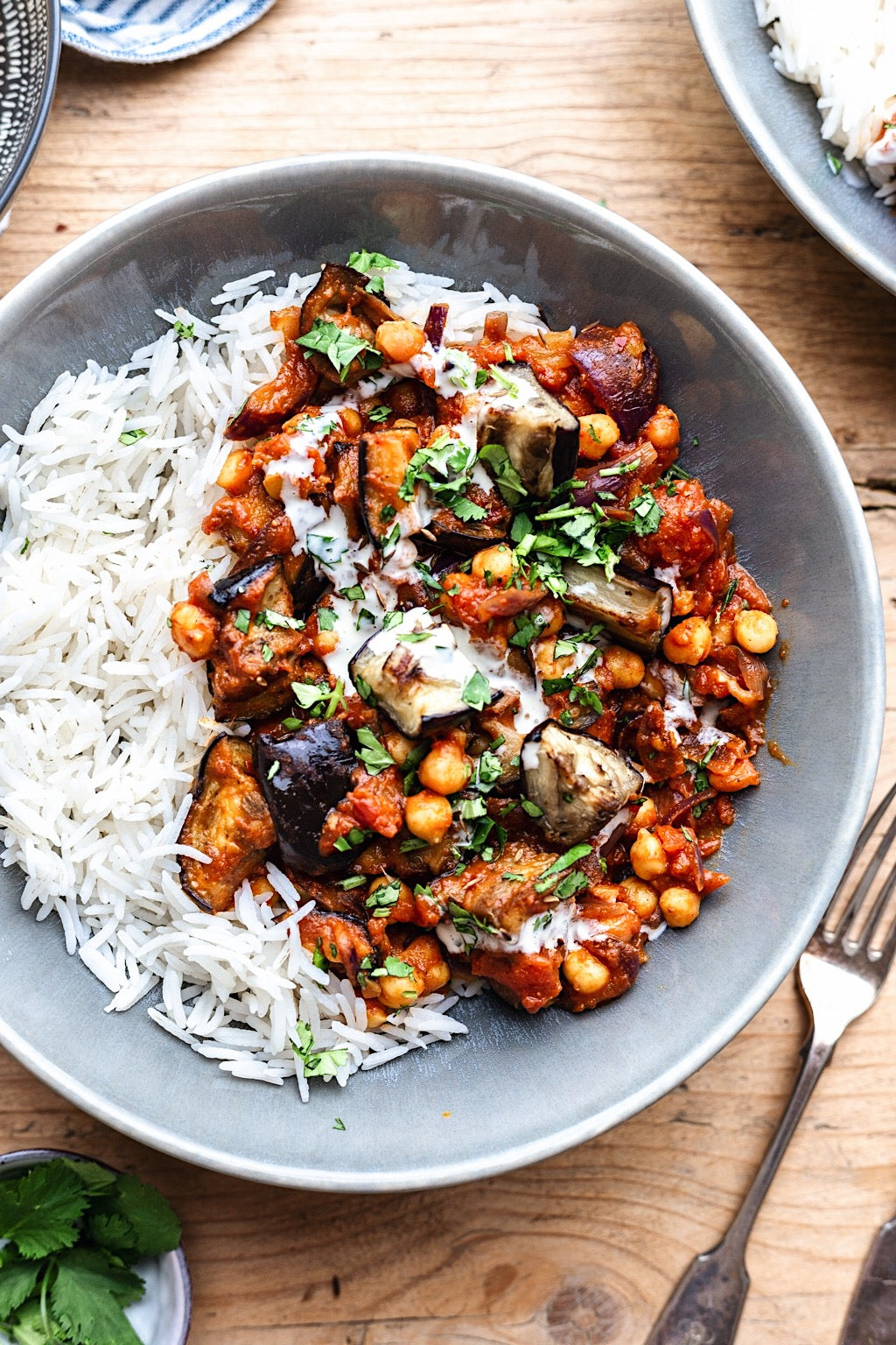 Aubergine, tomato, and chickpea pilaf with sumac and coriander grilled paneer