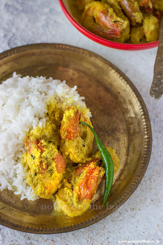 Bengali Bhapa Chingri (Steamed Shrimp) with Sauteed Spinach and Ivy Gourd