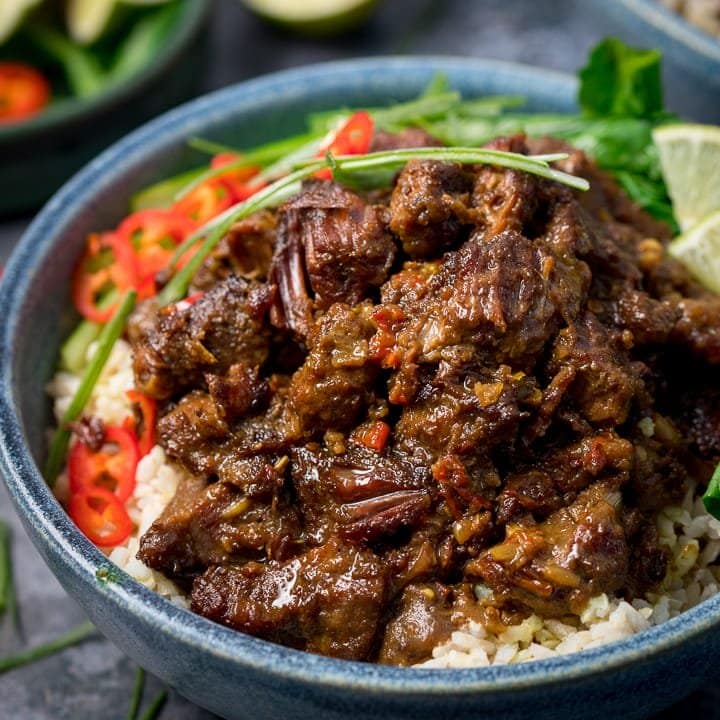 Indonesian Beef Rendang with Coconut Rice and Tumis Kangkung Terasi