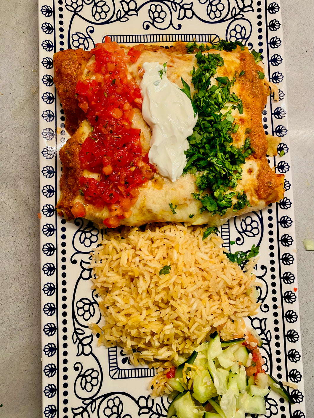 MEAL #1 - Enchiladas Acapulco with Mexican Rice, Picco De Gallo, and sour cream.