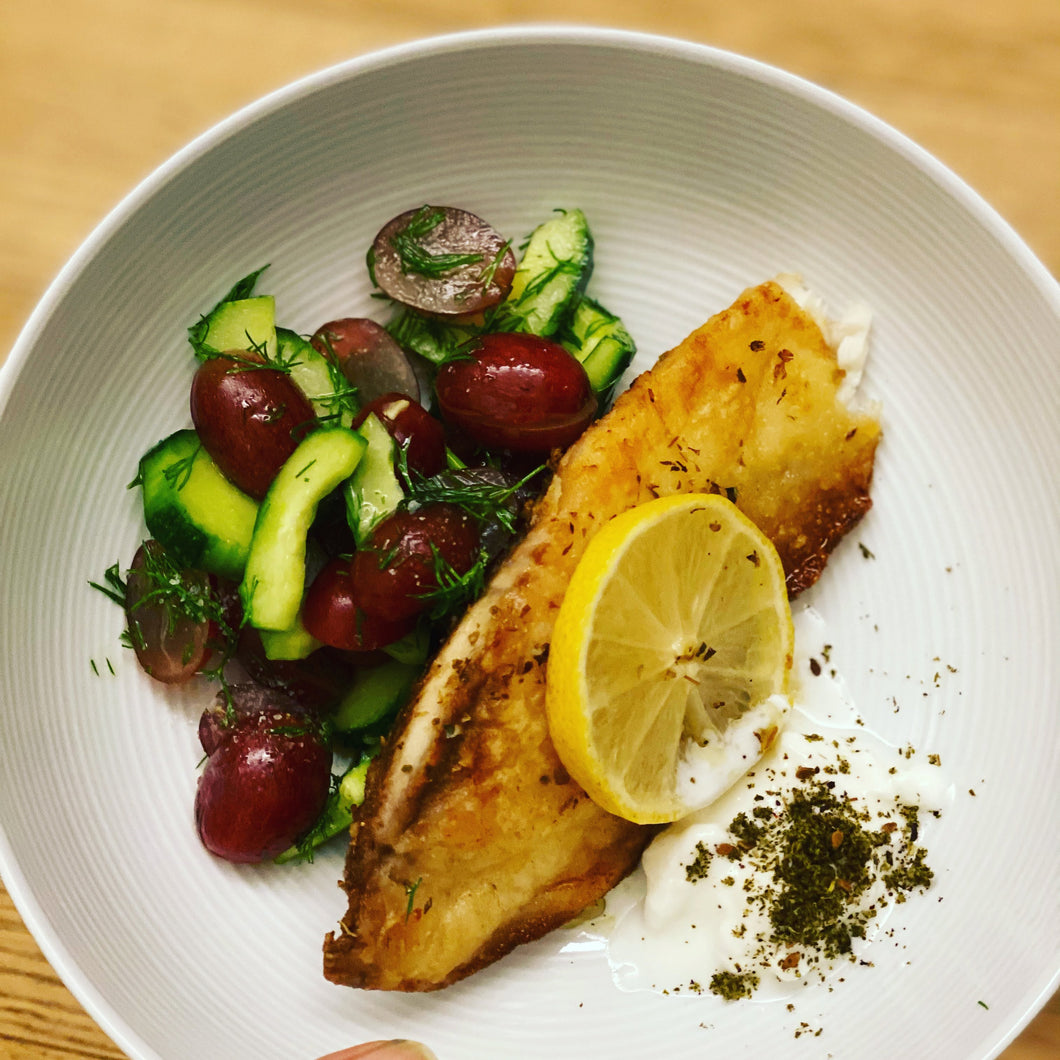 Oven Roasted Tilapia with Cucumber, Mint, Dill, and Grape Salad and Yogurt Garlic Sauce
