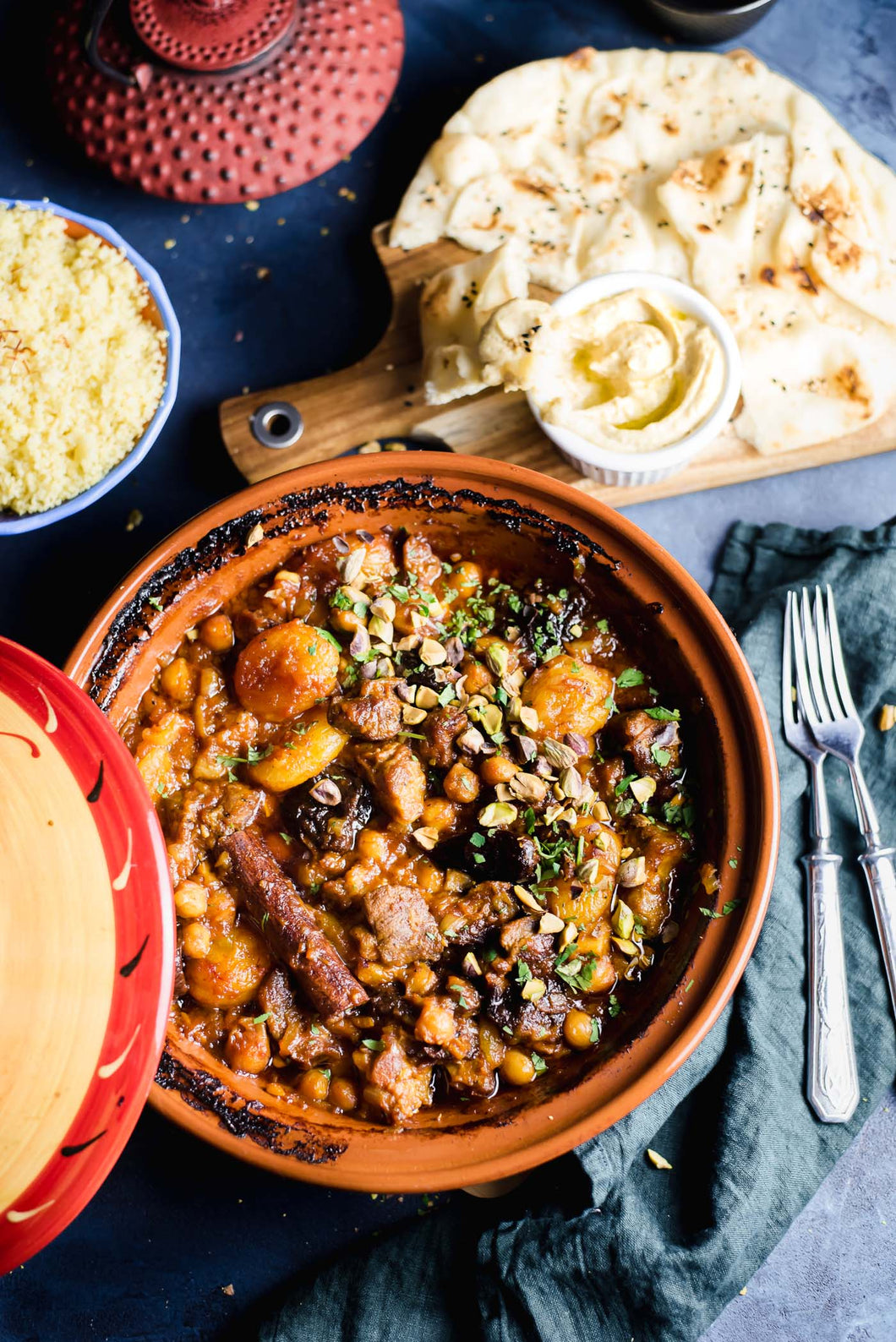 Moroccan Beef Tagine with Dates, Apricots, Almonds, and  Couscous
