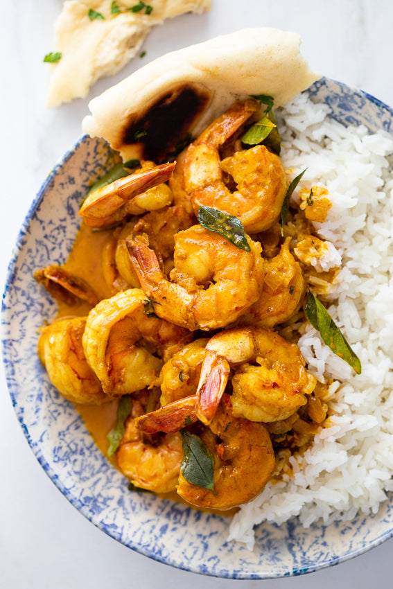 Malabar Shrimp curry (or eggplant and okra curry) with curry leaves and steamed white rice