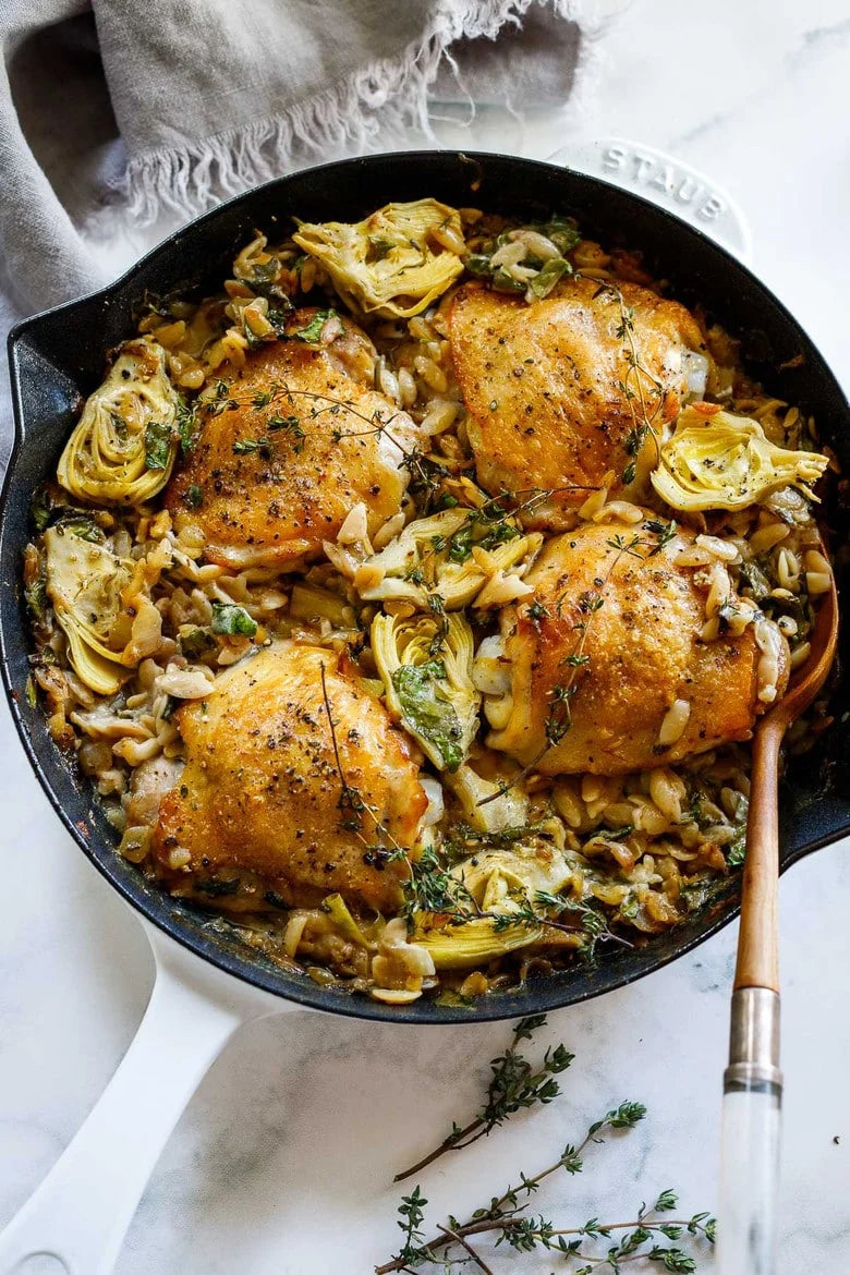 Italian Chicken with Artichoke, tarragon, and basil with Orzo (**g-f and d-f substitute with masa, orzo, and no cream)