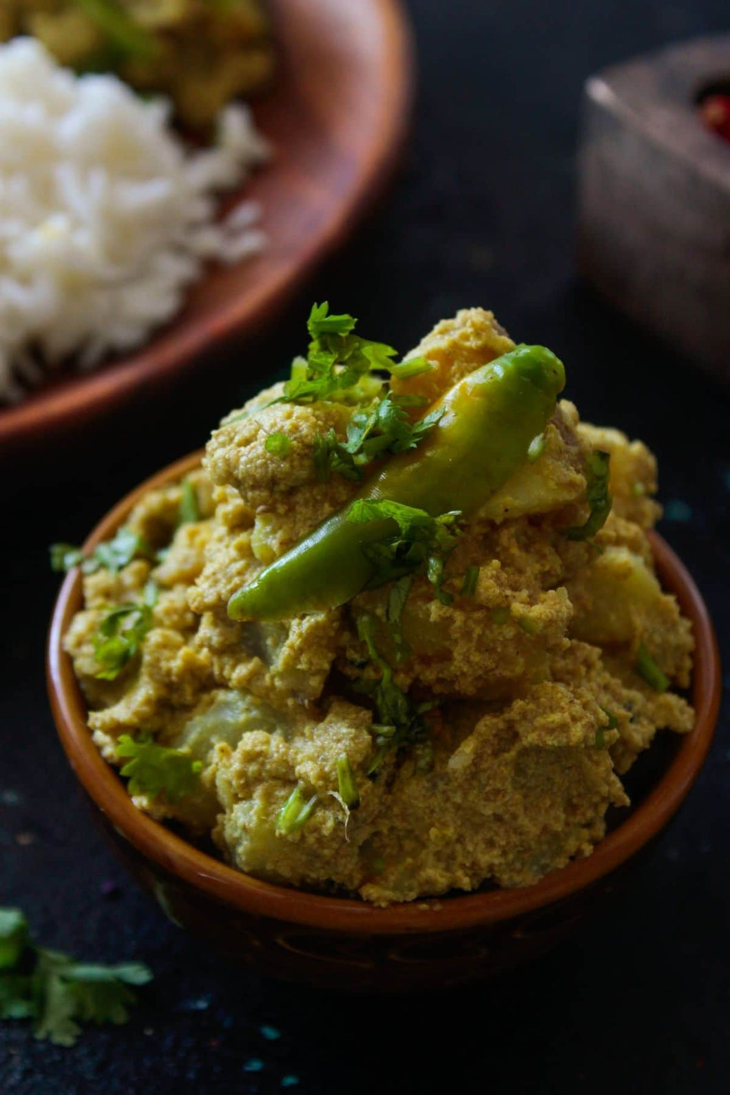 Meal #2: Aloo Posto (Potato with poppy seeds), Roasted Mung daal with Cauliflower, Green Peas and Ghee, with steamed rice. Optional fried fish!