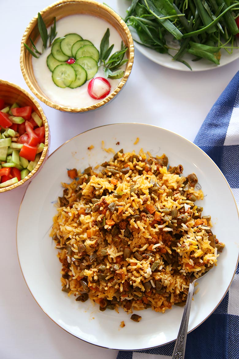 MEAL #2 -Lubia Polo with Shirazi Salad and Garlic, Tahini, Yogurt, Mint dip.